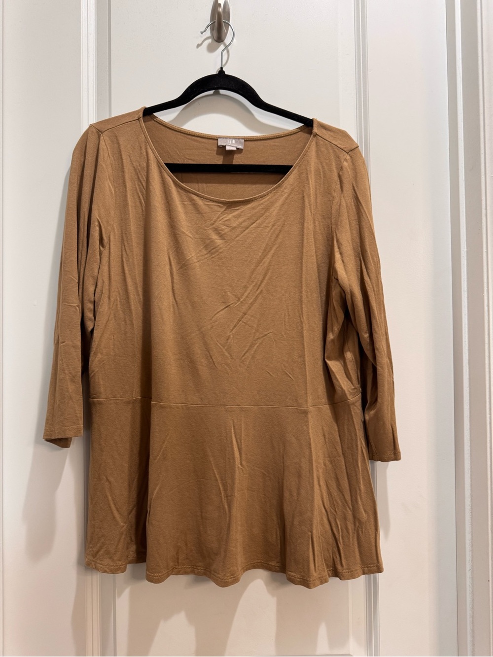 J. Jill Wearever Collection Brown Peplum Top Large 3/4 Sleeves Round Neck Rayon